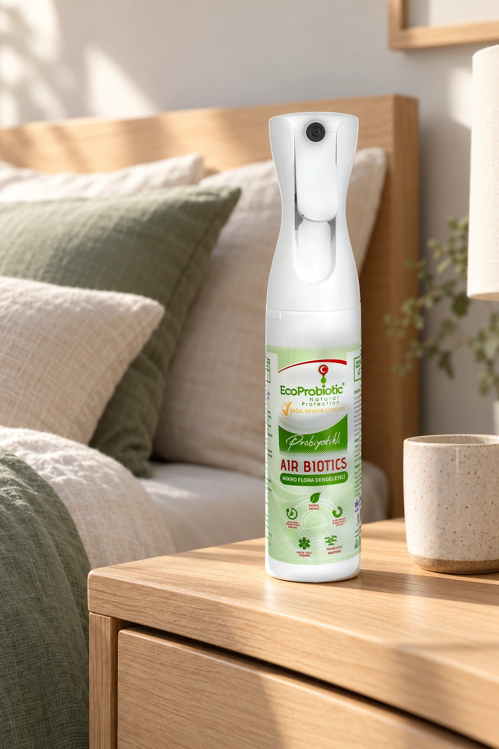Yatak odasında komodin üstünde Air Biotics sprey